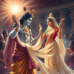 A beautiful and uplifting scene depicting Lord Krishna magically providing Draupadi with a sari during a moment of crisis from the Mahabharata