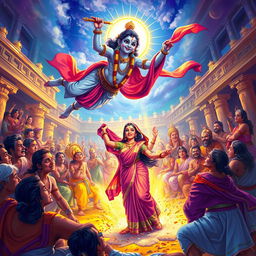 An enchanting and dynamic scene depicting Lord Krishna soaring through the air, using his divine powers to intervene in the moment when Dushasana is pulling Draupadi's sari