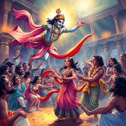 An enchanting and dynamic scene depicting Lord Krishna soaring through the air, using his divine powers to intervene in the moment when Dushasana is pulling Draupadi's sari