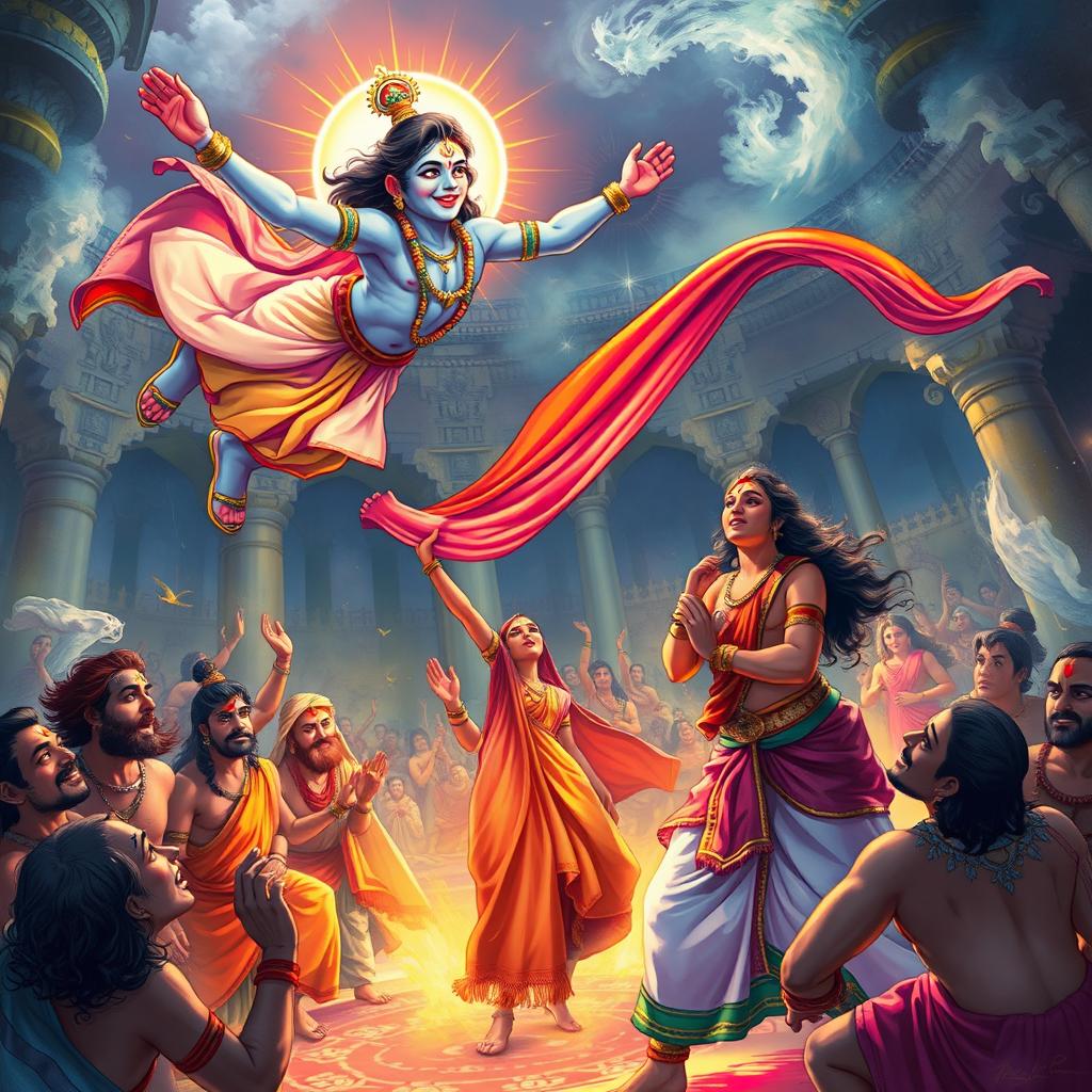 An enchanting and dynamic scene depicting Lord Krishna soaring through the air, using his divine powers to intervene in the moment when Dushasana is pulling Draupadi's sari