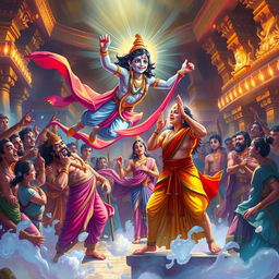 An enchanting and dynamic scene depicting Lord Krishna soaring through the air, using his divine powers to intervene in the moment when Dushasana is pulling Draupadi's sari