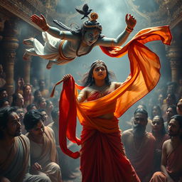 A powerful and emotional scene depicting Lord Krishna, portrayed as an adult in a miniature form, flying gracefully through the air to offer a sari to Draupadi during a moment of distress