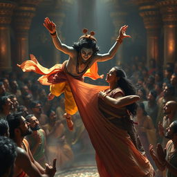 A powerful and emotional scene depicting Lord Krishna, portrayed as an adult in a miniature form, flying gracefully through the air to offer a sari to Draupadi during a moment of distress