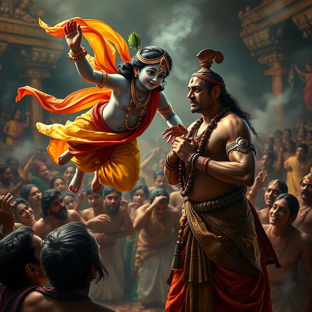 A powerful and emotional scene depicting Lord Krishna, portrayed as an adult in a miniature form, flying gracefully through the air to offer a sari to Draupadi during a moment of distress