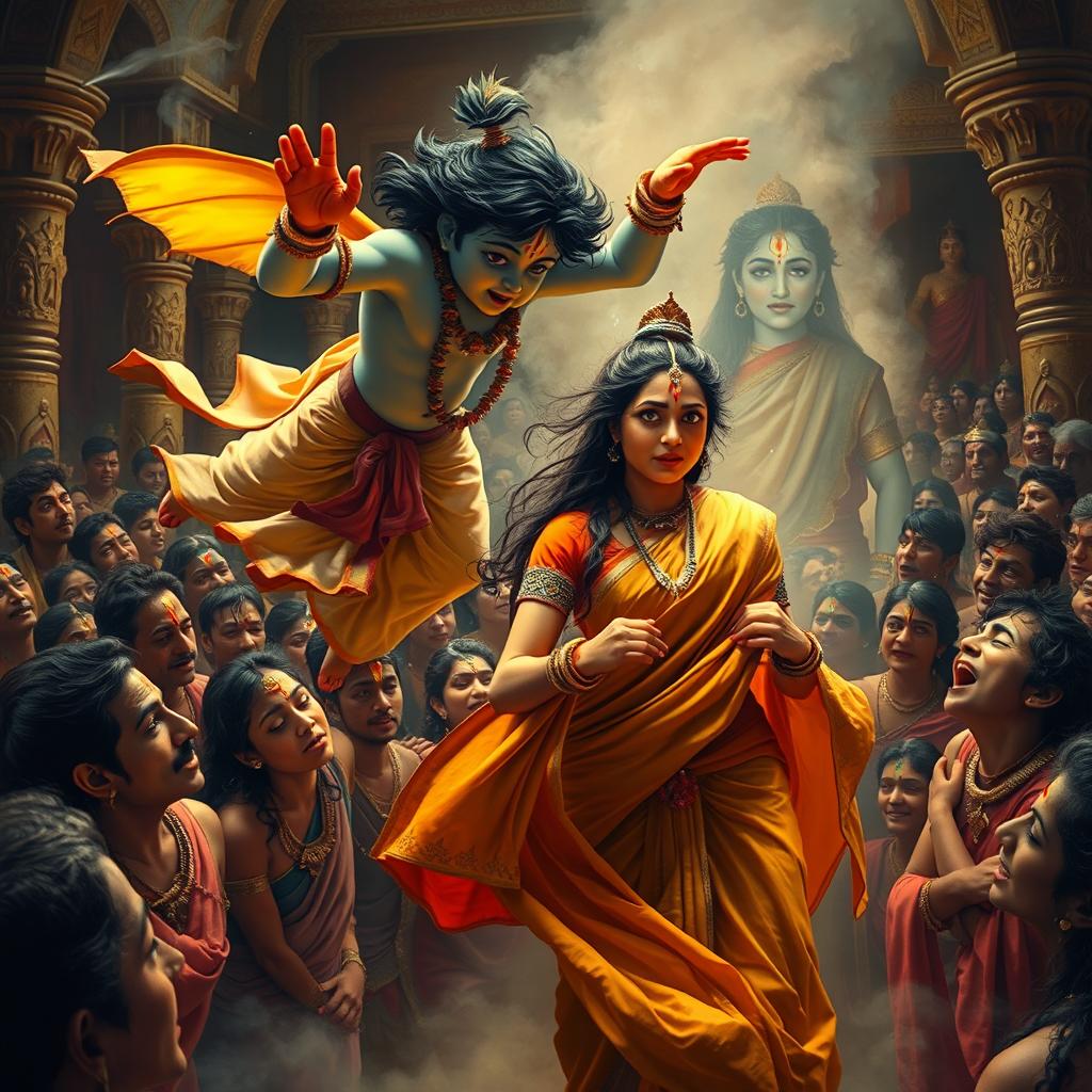 A powerful and emotional scene depicting Lord Krishna, portrayed as an adult in a miniature form, flying gracefully through the air to offer a sari to Draupadi during a moment of distress