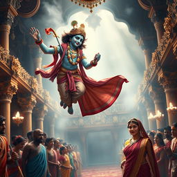 A captivating scene depicting Lord Krishna as an adult but in a small, magical form, gracefully flying through the air to offer a sari to Draupadi