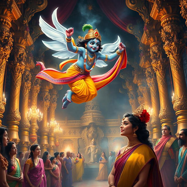 A captivating scene depicting Lord Krishna as an adult but in a small, magical form, gracefully flying through the air to offer a sari to Draupadi