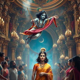 A captivating scene depicting Lord Krishna as an adult but in a small, magical form, gracefully flying through the air to offer a sari to Draupadi