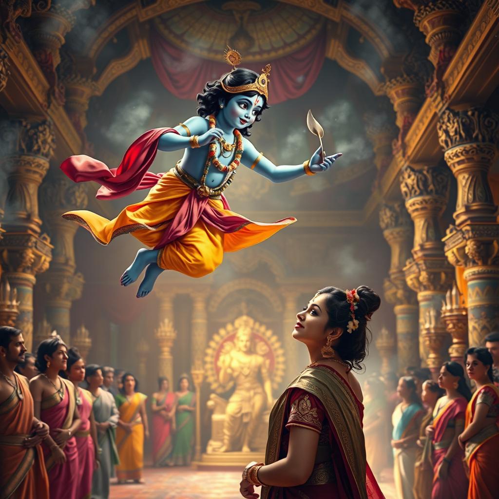 A captivating scene depicting Lord Krishna as an adult but in a small, magical form, gracefully flying through the air to offer a sari to Draupadi