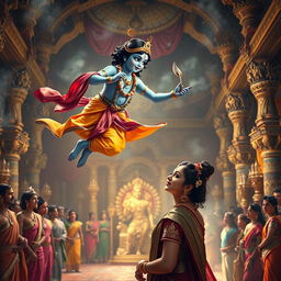 A captivating scene depicting Lord Krishna as an adult but in a small, magical form, gracefully flying through the air to offer a sari to Draupadi