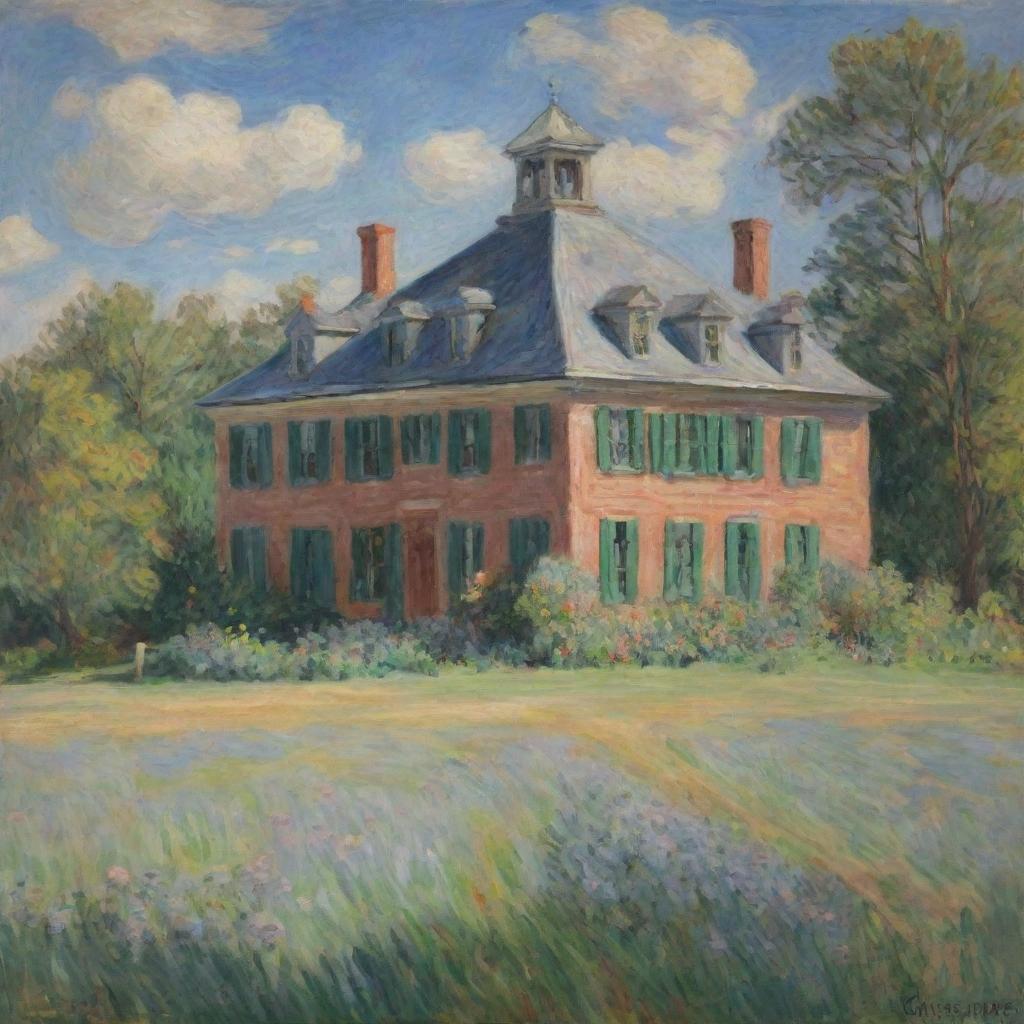 In Claude Monet's impressionistic style, create an image of a building inscribed with 'Talbot County School'. Utilize quick and vibrant brush strokes to portray the structural charm amidst a lovely pastoral setting.