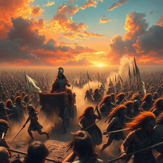 A grand and epic depiction of the Kurukshetra War, showcasing the vast battlefield filled with warriors from both the Pandava and Kaurava sides