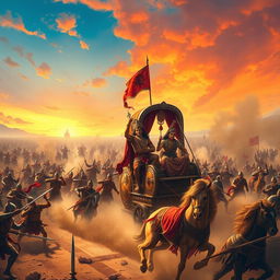 A grand and epic depiction of the Kurukshetra War, showcasing the vast battlefield filled with warriors from both the Pandava and Kaurava sides
