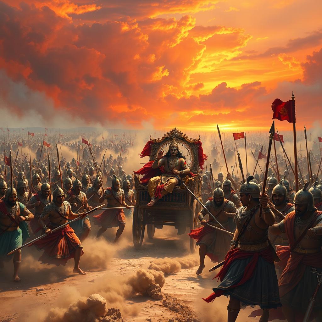 A grand and epic depiction of the Kurukshetra War, showcasing the vast battlefield filled with warriors from both the Pandava and Kaurava sides