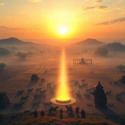 A breathtaking view of the sacred battlefield of Kurukshetra, also known as Dharmakshetra, depicted at dawn