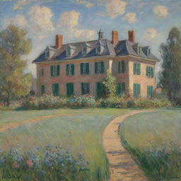 In Claude Monet's impressionistic style, create an image of a building inscribed with 'Talbot County School'. Utilize quick and vibrant brush strokes to portray the structural charm amidst a lovely pastoral setting.