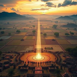 A breathtaking view of the sacred battlefield of Kurukshetra, also known as Dharmakshetra, depicted at dawn