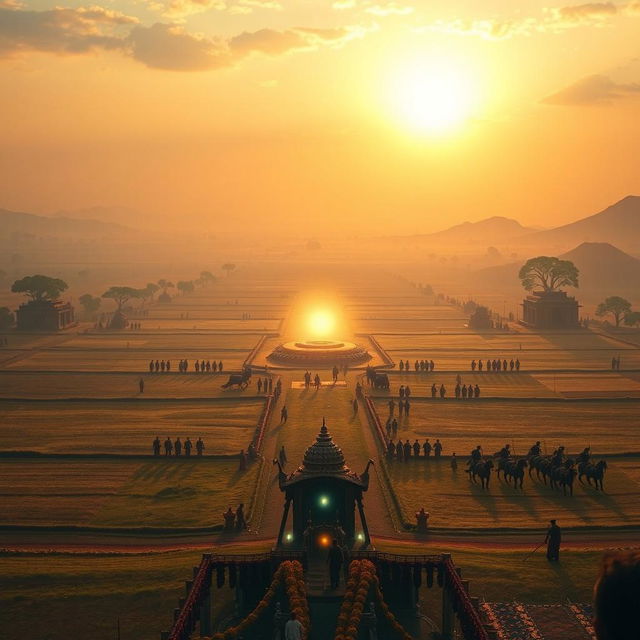 A breathtaking view of the sacred battlefield of Kurukshetra, also known as Dharmakshetra, depicted at dawn