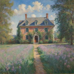 In Claude Monet's impressionistic style, create an image of a building inscribed with 'Talbot County School'. Utilize quick and vibrant brush strokes to portray the structural charm amidst a lovely pastoral setting.