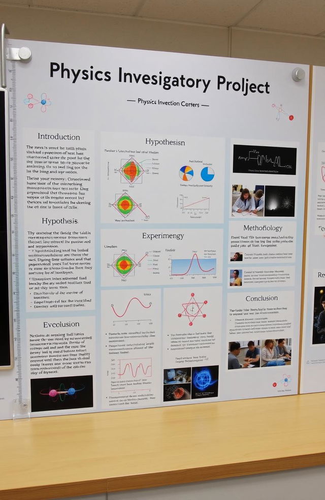 A detailed presentation board for a physics investigatory project, showcasing various sections like the title 'Physics Investigatory Project', introduction, aim, hypothesis, methodology, experiments, results, and conclusion