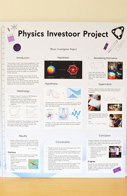 A detailed presentation board for a physics investigatory project, showcasing various sections like the title 'Physics Investigatory Project', introduction, aim, hypothesis, methodology, experiments, results, and conclusion