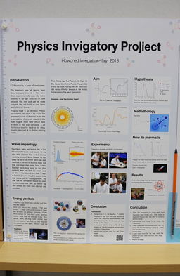 A detailed presentation board for a physics investigatory project, showcasing various sections like the title 'Physics Investigatory Project', introduction, aim, hypothesis, methodology, experiments, results, and conclusion