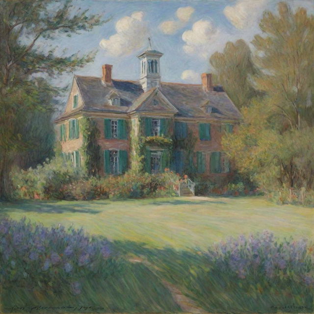 In Claude Monet's impressionistic style, create an image of a building inscribed with 'Talbot County School'. Utilize quick and vibrant brush strokes to portray the structural charm amidst a lovely pastoral setting.