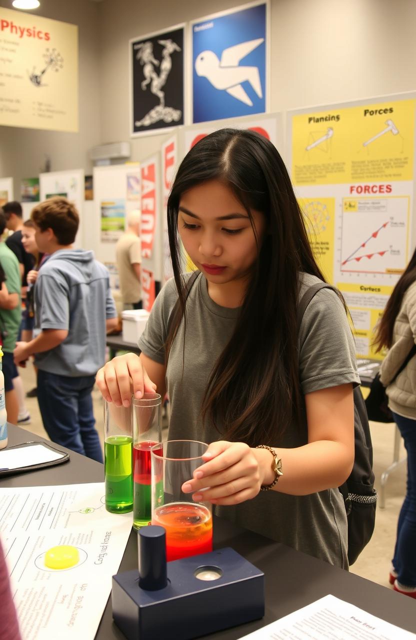 A high school student conducting a physics investigatory project at a science fair