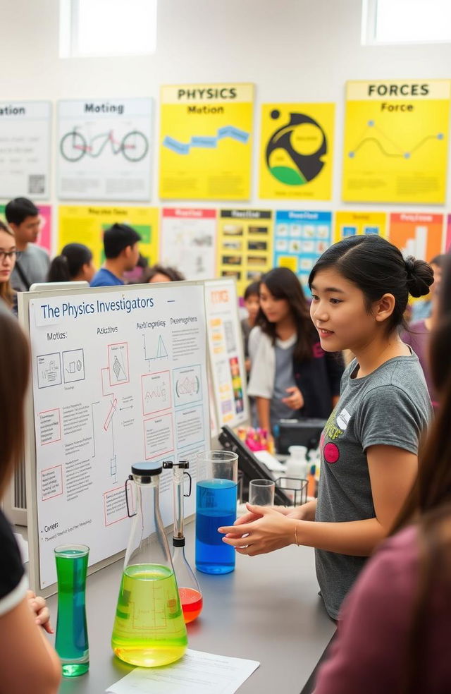 A high school student conducting a physics investigatory project at a science fair