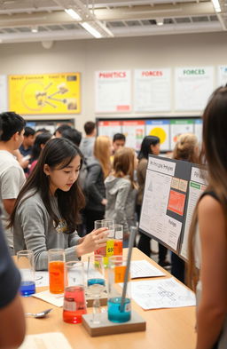 A high school student conducting a physics investigatory project at a science fair