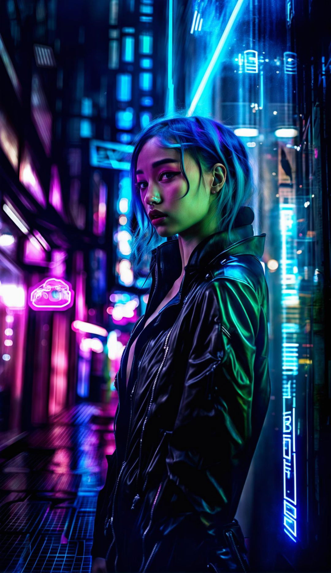 36k HD RAW double exposure street photography of a futuristic cyberpunk cityscape. A beautiful 21-year-old Eurasian woman with traditional style long, light cyan hair and light pink irises is looking at a shop door across the road. She is 5 meters away from the camera, her full body side profile in frame.