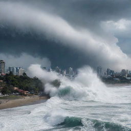 A city skyline dramatically overshadowed by a colossal, 100-meter, towering tsunami wave barrelling towards it. Displays a horrifying, yet awe-inspiring scene of nature's wrath about to engulf the city.