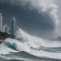 A city skyline dramatically overshadowed by a colossal, 100-meter, towering tsunami wave barrelling towards it. Displays a horrifying, yet awe-inspiring scene of nature's wrath about to engulf the city.