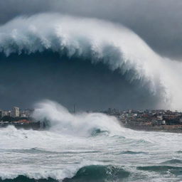 A city skyline dramatically overshadowed by a colossal, 100-meter, towering tsunami wave barrelling towards it. Displays a horrifying, yet awe-inspiring scene of nature's wrath about to engulf the city.