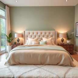 A beautifully designed bedroom, featuring a large, plush bed with a tufted headboard in a soft beige color, surrounded by cozy pillows in pastel shades