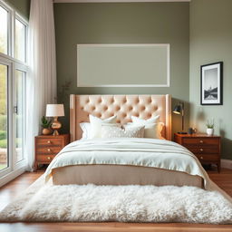 A beautifully designed bedroom, featuring a large, plush bed with a tufted headboard in a soft beige color, surrounded by cozy pillows in pastel shades