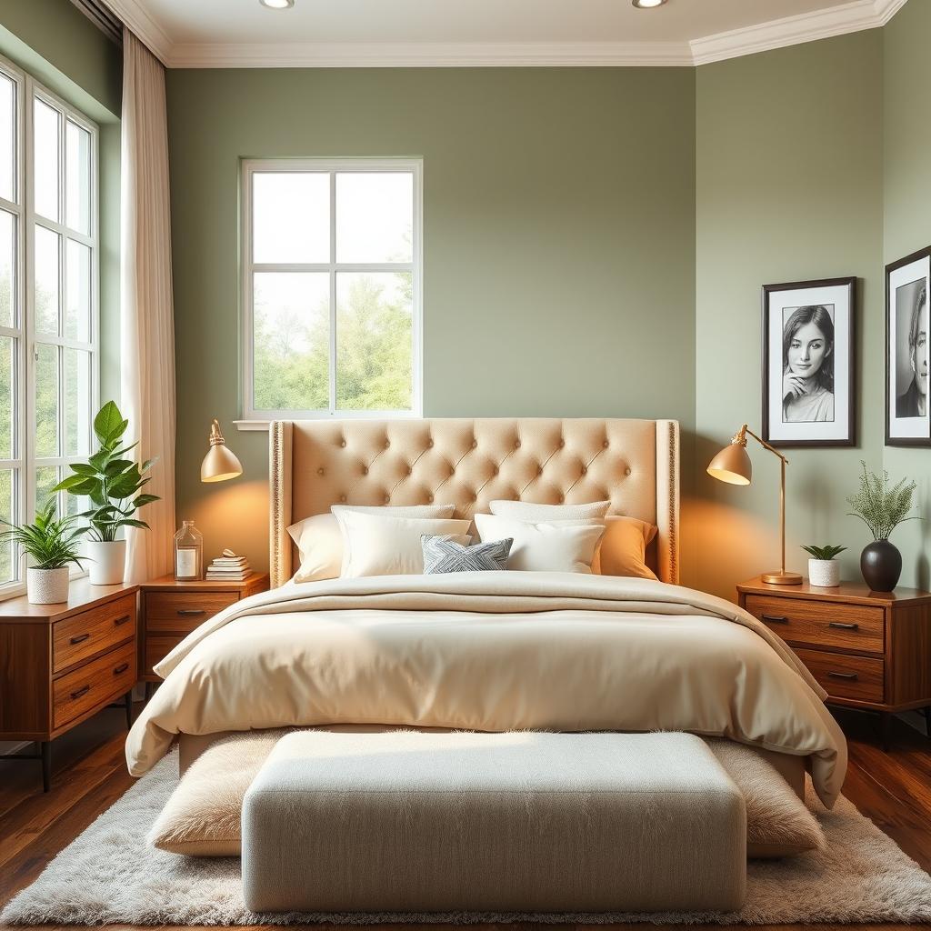 A beautifully designed bedroom, featuring a large, plush bed with a tufted headboard in a soft beige color, surrounded by cozy pillows in pastel shades