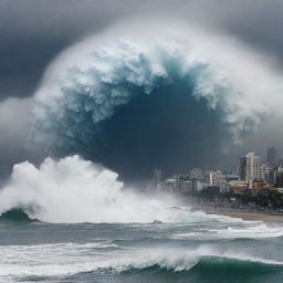 A city skyline dramatically overshadowed by a colossal, 100-meter, towering tsunami wave barrelling towards it. Displays a horrifying, yet awe-inspiring scene of nature's wrath about to engulf the city.