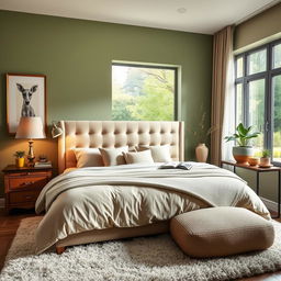 A beautifully designed bedroom, featuring a large, plush bed with a tufted headboard in a soft beige color, surrounded by cozy pillows in pastel shades