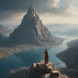 The Ustad, standing on a majestic mountain peak, looks down in despair at the submerged city. The once vibrant cityscape now replaced by a vast water expanse, signalling the aftermath of a catastrophic event.