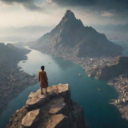 The Ustad, standing on a majestic mountain peak, looks down in despair at the submerged city. The once vibrant cityscape now replaced by a vast water expanse, signalling the aftermath of a catastrophic event.