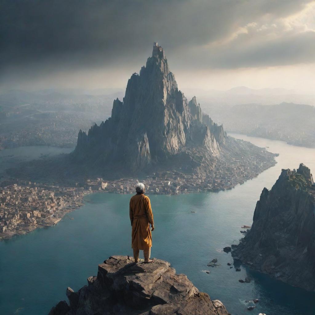 The Ustad, standing on a majestic mountain peak, looks down in despair at the submerged city. The once vibrant cityscape now replaced by a vast water expanse, signalling the aftermath of a catastrophic event.