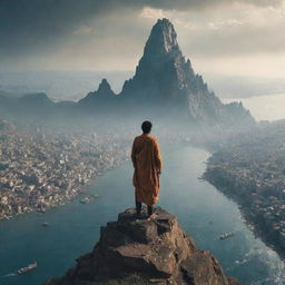 The Ustad, standing on a majestic mountain peak, looks down in despair at the submerged city. The once vibrant cityscape now replaced by a vast water expanse, signalling the aftermath of a catastrophic event.