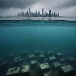 An eerie underwater perspective of a once lively metropolis that has been entirely submerged, leaving only the tops of the tallest buildings visible above the water surface, giving a sense of the magnitude of the devastation.