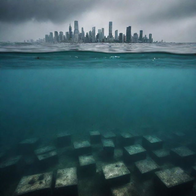 An eerie underwater perspective of a once lively metropolis that has been entirely submerged, leaving only the tops of the tallest buildings visible above the water surface, giving a sense of the magnitude of the devastation.