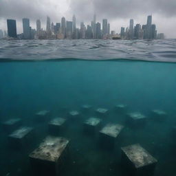 An eerie underwater perspective of a once lively metropolis that has been entirely submerged, leaving only the tops of the tallest buildings visible above the water surface, giving a sense of the magnitude of the devastation.