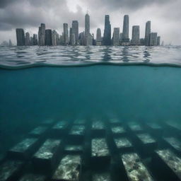 An eerie underwater perspective of a once lively metropolis that has been entirely submerged, leaving only the tops of the tallest buildings visible above the water surface, giving a sense of the magnitude of the devastation.