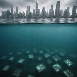 An eerie underwater perspective of a once lively metropolis that has been entirely submerged, leaving only the tops of the tallest buildings visible above the water surface, giving a sense of the magnitude of the devastation.