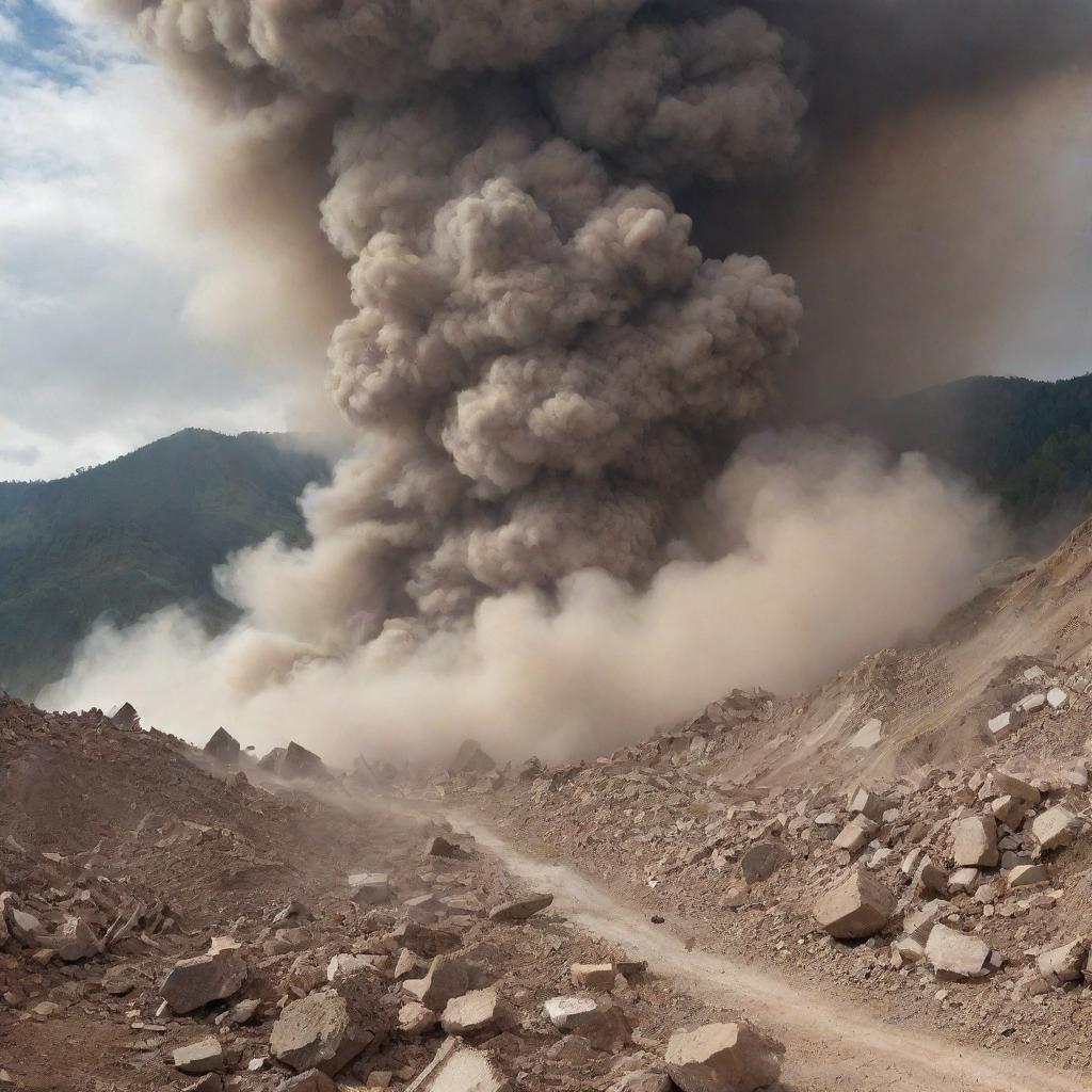 A powerful earthquake shaking the ground and causing a massive mountain landslide, rocks tumbling down destructively, as dust clouds rise up, creating a scene of chaos and nature's powerful forces at work.