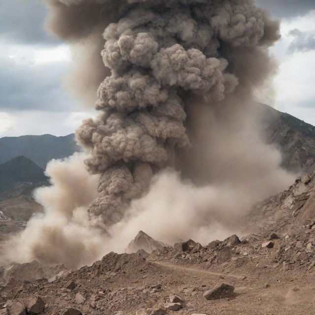 A powerful earthquake shaking the ground and causing a massive mountain landslide, rocks tumbling down destructively, as dust clouds rise up, creating a scene of chaos and nature's powerful forces at work.